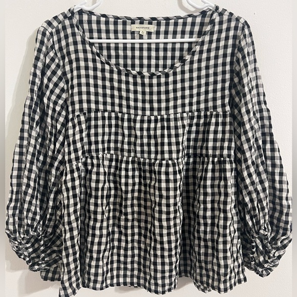 Max Studio Gingham Tiered Balloon Sleeve Blouse - Picture 1 of 9
